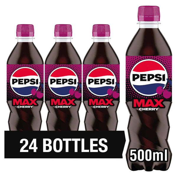 Pepsi Max Cherry No Sugar Cola 500ml bottle, front of pack