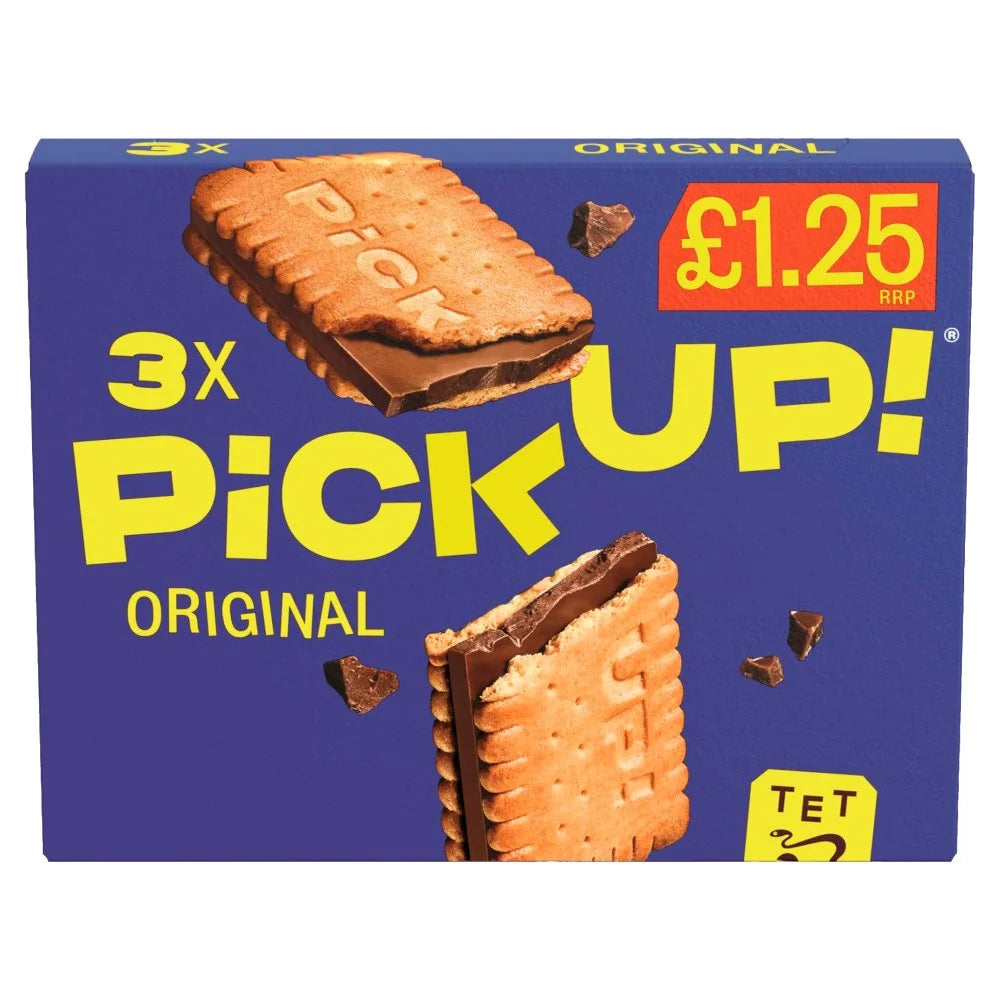 Pick Up! Original chocolate biscuit bars 3 x 28g, front of pack