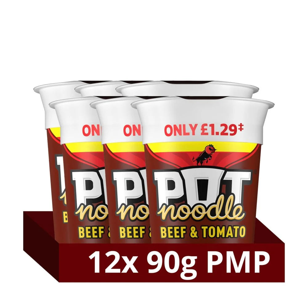 Pot Noodle Beef & Tomato 90g, front of pack