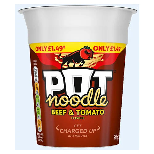 Pot Noodle Beef & Tomato Standard Pot 90g, front of pack
