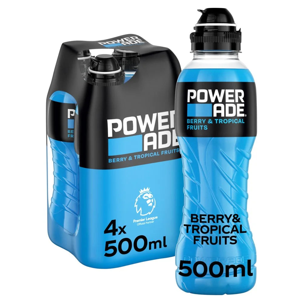 Powerade Berry & Tropical sports drink 4 x 500ml bottles, front of pack