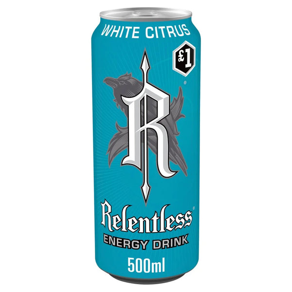 Relentless White Citrus energy drink 500ml can, front of pack