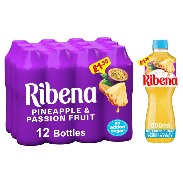 Ribena Pineapple & Passion Fruit No Added Sugar Juice Drink 500ml, front of pack