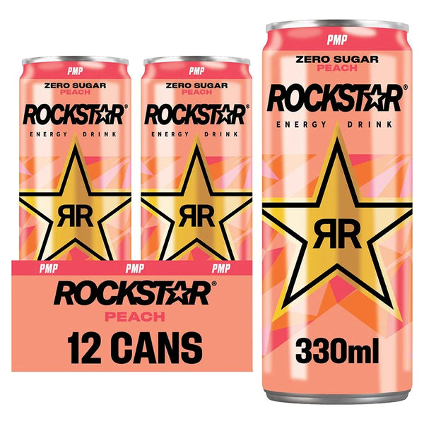 Rockstar Peach Energy Drink Can 330ml, front of pack