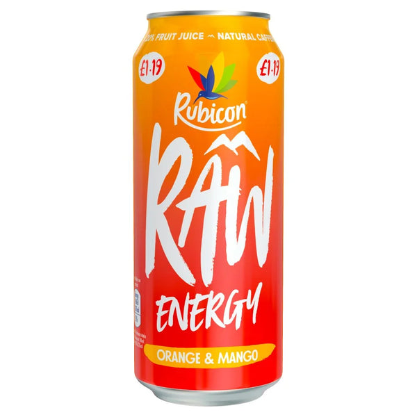 Rubicon Raw Energy Orange & Mango 500ml, front of pack