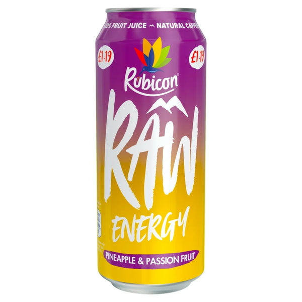 Rubicon Raw Energy Pineapple & Passion Fruit 500ml, front of pack