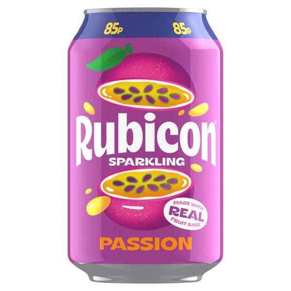Rubicon Sparkling Passion Fruit Soft Drink can 330ml, front of pack