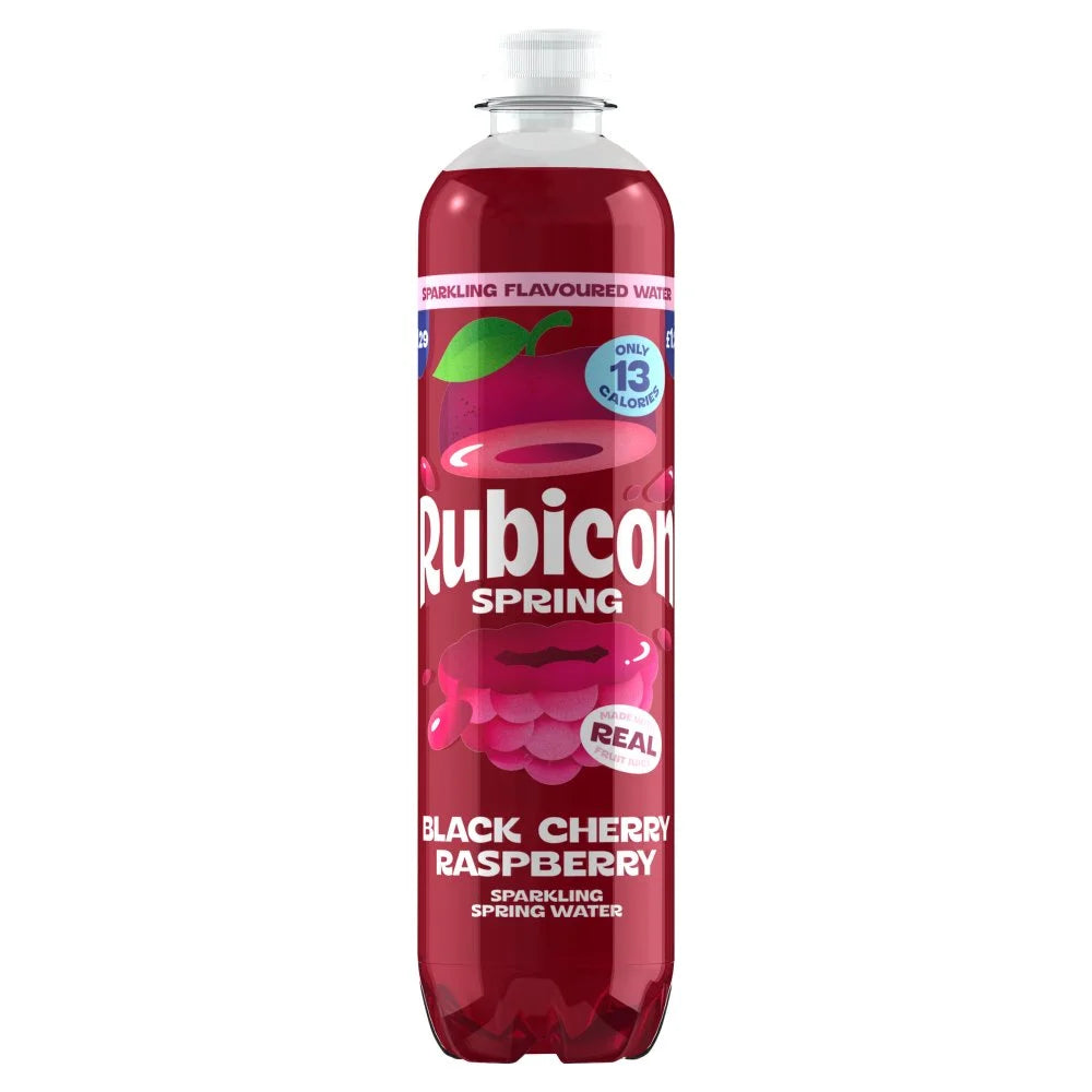 Rubicon Spring Black Cherry Raspberry Sparkling Spring Water 500ml bottle, front of pack