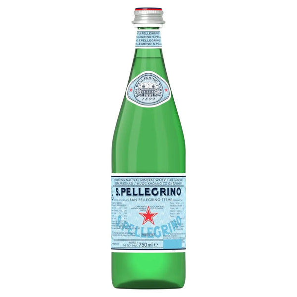 San Pellegrino sparkling natural mineral water 750ml glass bottle, front of pack