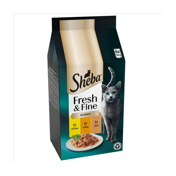 Sheba Fresh & Fine Adult Wet Cat Food Chicken & Turkey in Gravy pouches, front of pack
