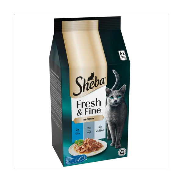 Sheba Fresh & Fine Adult Wet Cat Food Tuna and Cod in Gravy pouches, front of pack