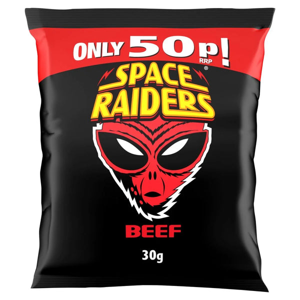 Space Raiders Beef Crisps 30g bag, front of pack