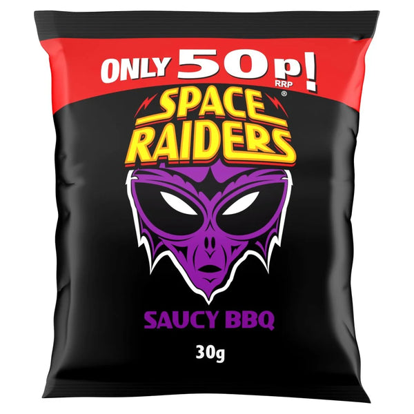 Space Raiders Saucy BBQ Crisps 30g bag, front of pack