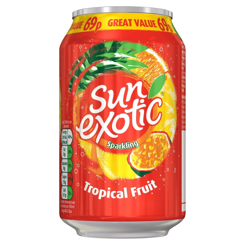 Sun Exotic Sparkling Tropical Fruit 330ml can, front of pack