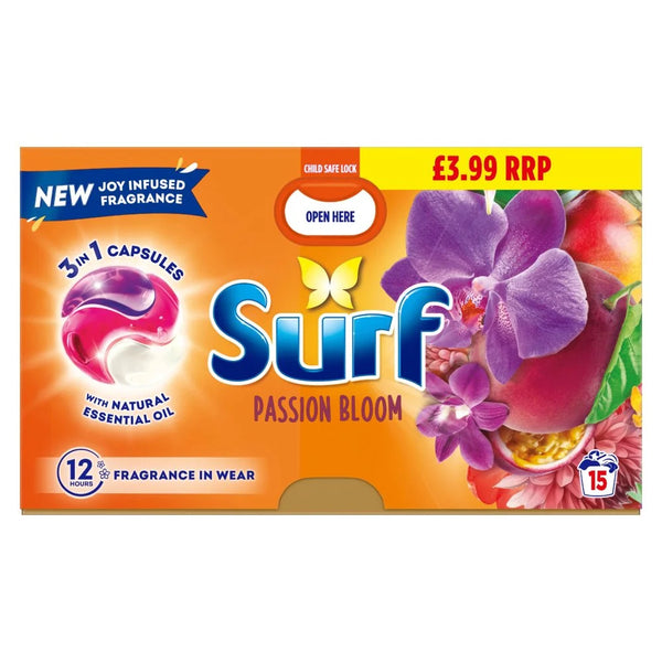 Surf 3 in 1 Laundry Capsules Passion Bloom 15 Washes, front of pack