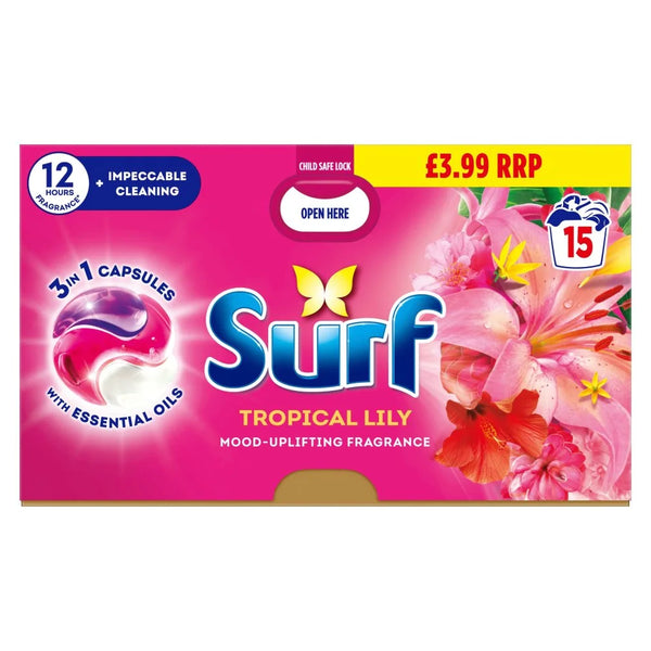 Surf 3 in 1 Laundry Detergent Capsules Tropical Lily 15 Washes, front of pack