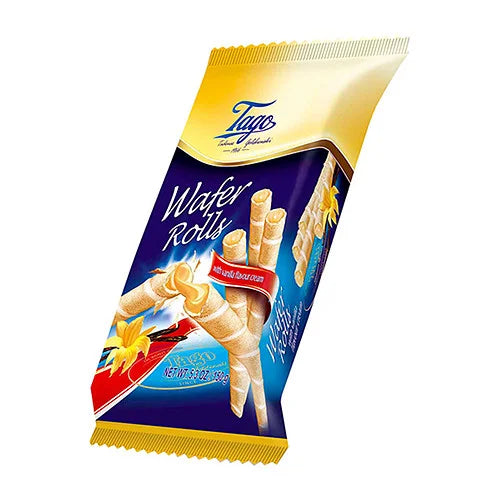 Tago Wafer Rolls with Vanilla Cream 150g, front of pack