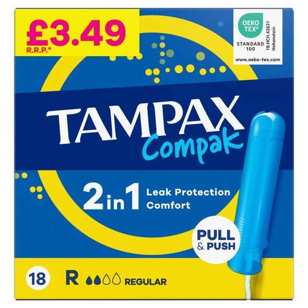 Tampax Compak Regular Tampons with Applicator x18, front of pack