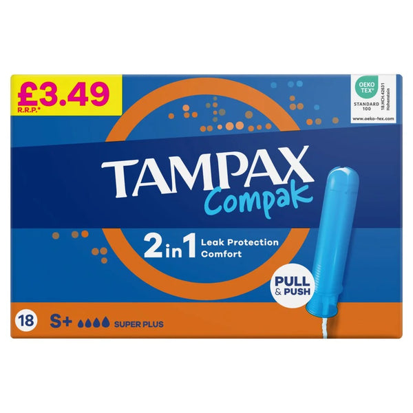 Tampax Compak Super Plus Tampons with Applicator x18, front of pack