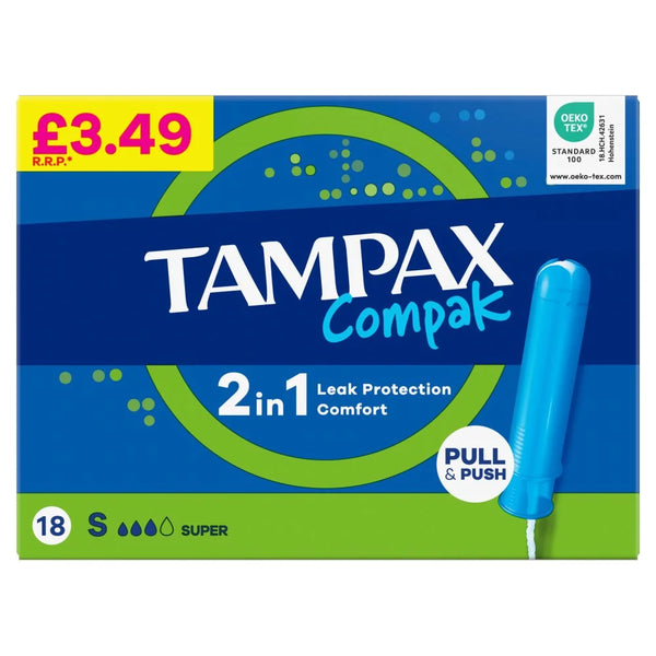 Tampax Compak Super Tampons with Applicator x18, front of pack