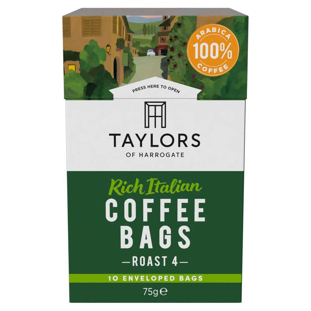 Taylors of Harrogate Rich Italian Ground Coffee Bags 10 bags, front of pack