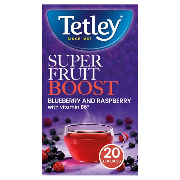 Tetley Super Fruits Boost Blueberry and Raspberry 20 Tea Bags, front of pack