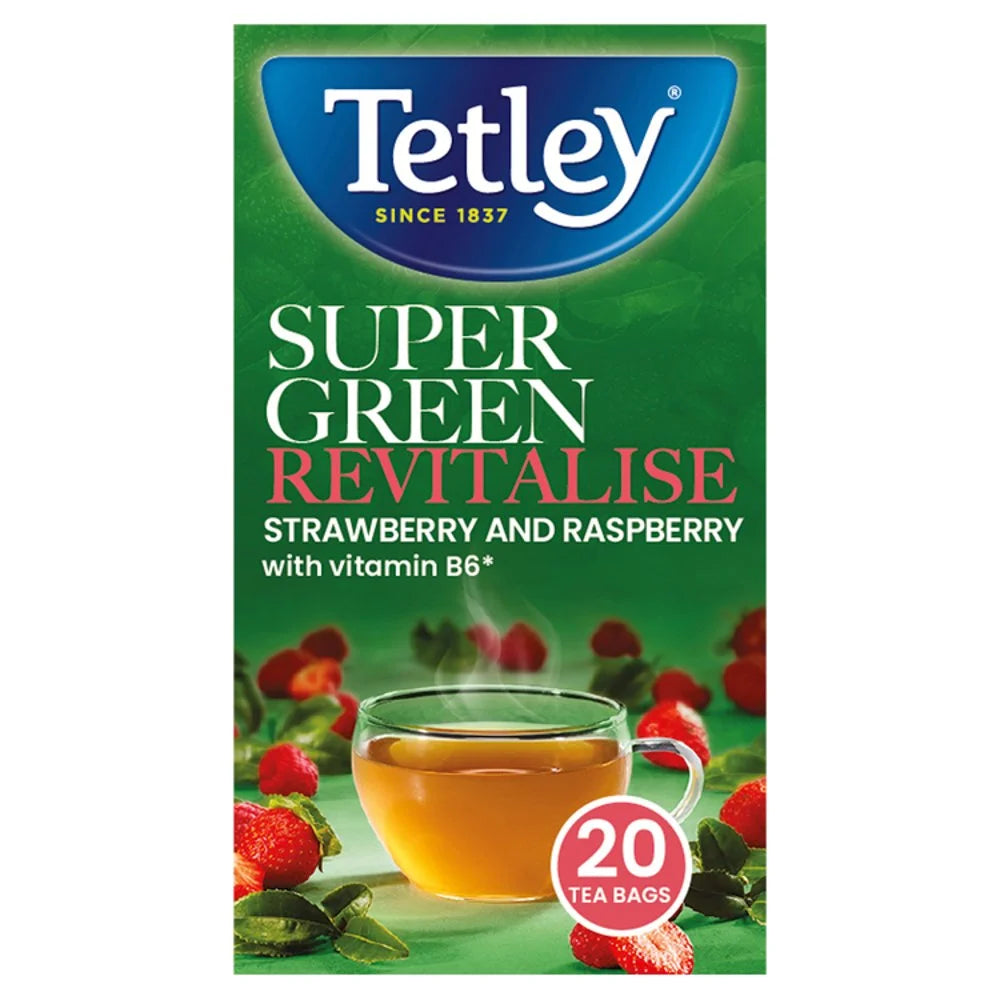 Tetley Super Green Revitalise Strawberry and Raspberry 20 Tea Bags, front of pack