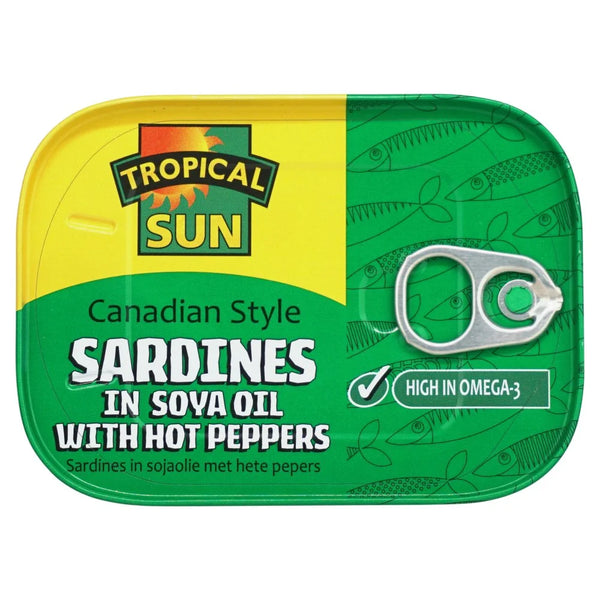 Tropical Sun Canadian Style Sardines in Soya Oil with Hot Peppers 106g, front of pack