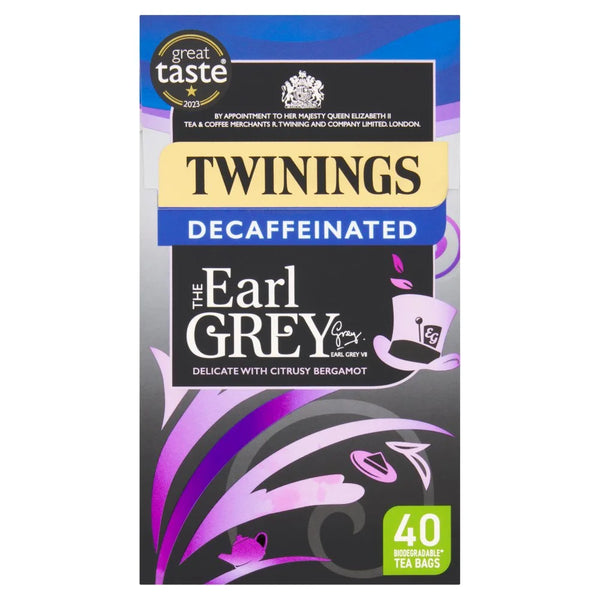 Twinings Earl Grey Decaffeinated 40 Tea Bags, front of pack