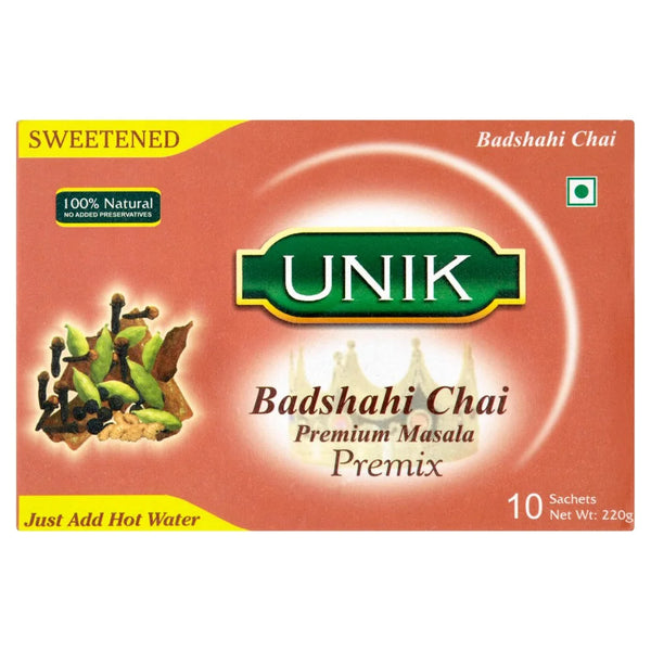 Unik Sweetened Badshahi Chai Premium Masala Premix 10 x 22g, front of pack