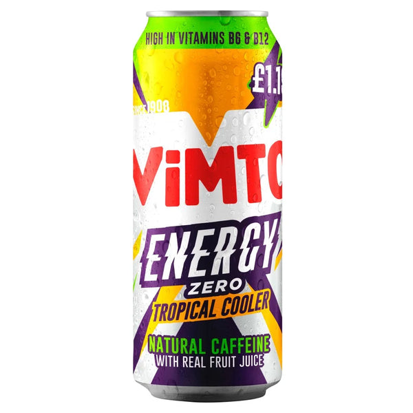 Vimto Energy Zero Tropical Cooler 500ml can, front of pack