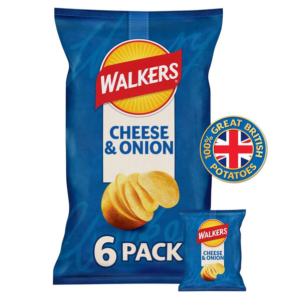 Walkers Cheese and Onion multipack crisps 6 x 25g, front of pack