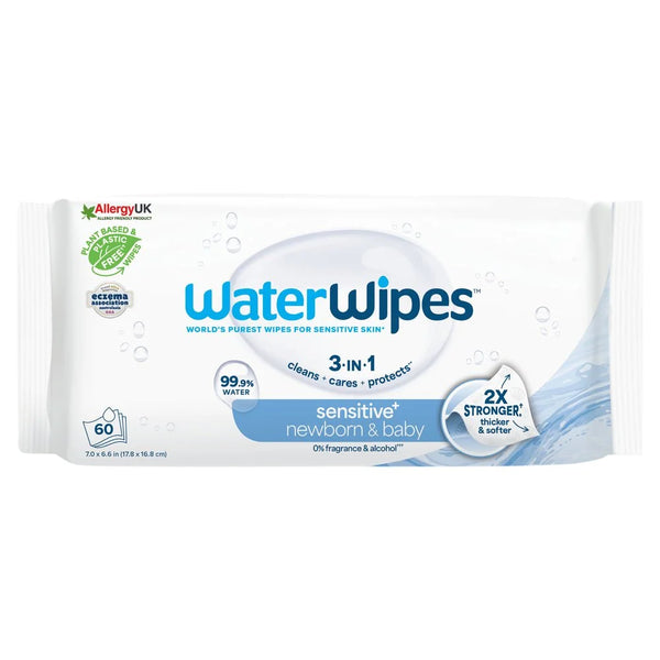 WaterWipes Sensitive+ Newborn and Baby Wipes 60 count, front of pack