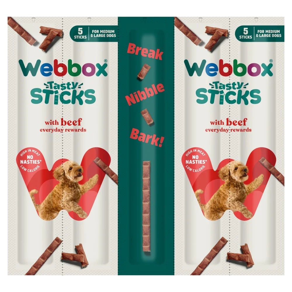 Webbox 5 Tasty Sticks with Beef 55g, front of pack