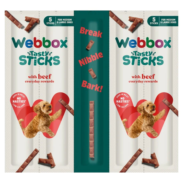 Webbox 5 Tasty Sticks with Beef 55g, front of pack
