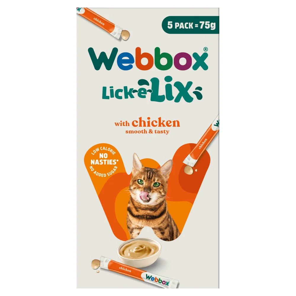 Webbox Lick-e-Lix with Chicken cat treats 5 x 15g, front of pack