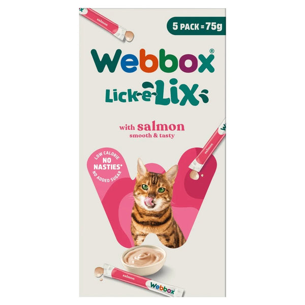 Webbox Lick-e-Lix with Salmon cat treats 5 x 15g, front of pack
