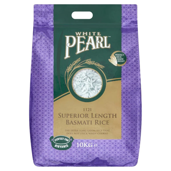 White Pearl 1121 Superior Length Basmati Rice 10kg, front of pack