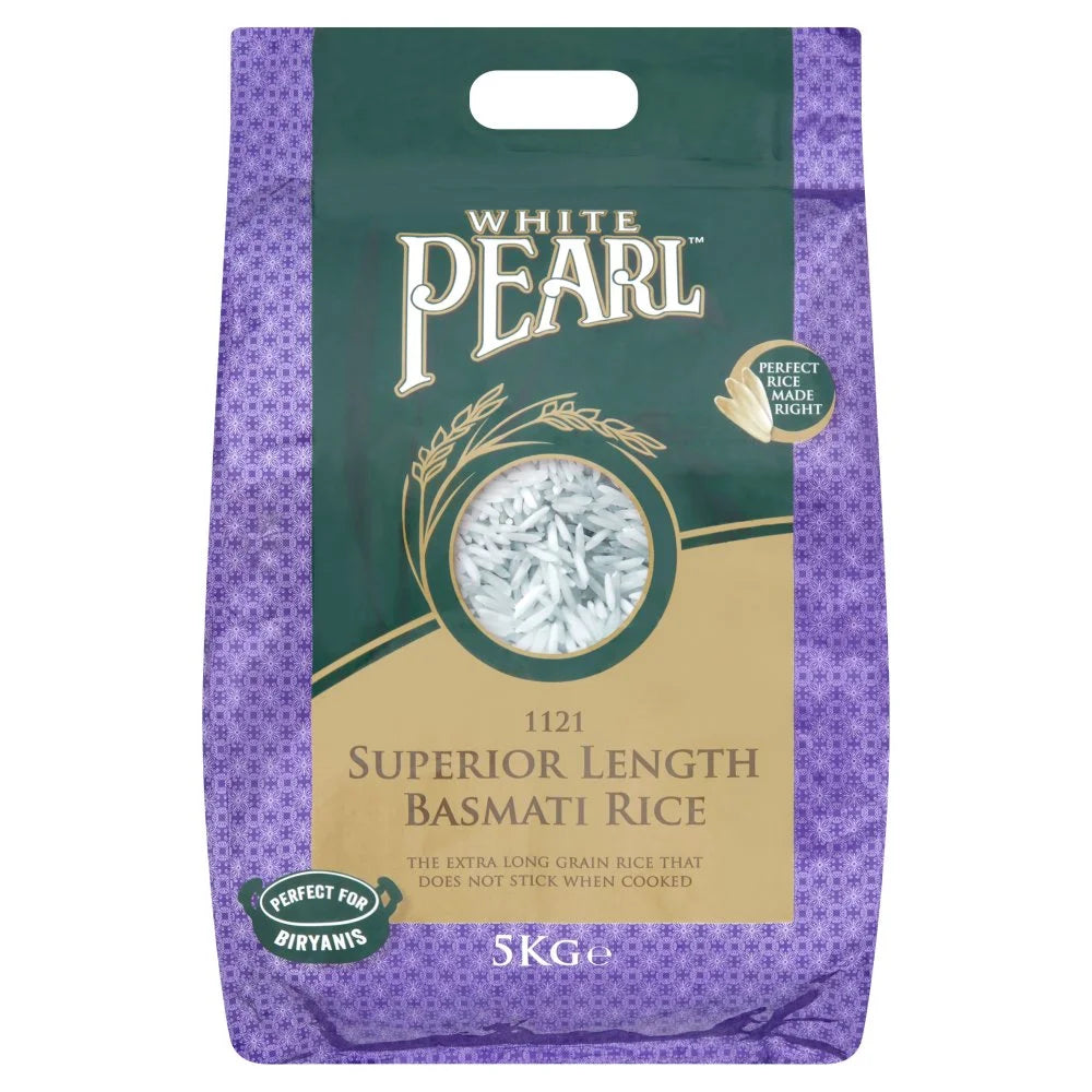 White Pearl 1121 Superior Length Basmati Rice 5kg, front of pack