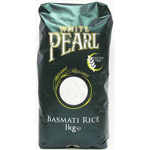 White Pearl Basmati Rice Block Bottom 1kg, front of pack