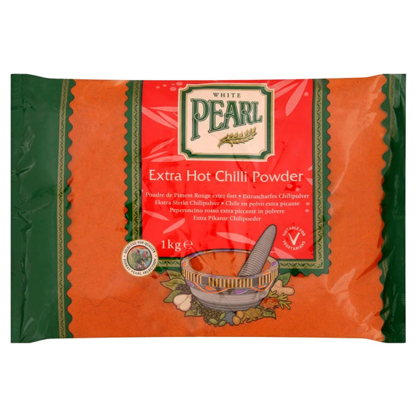 White Pearl extra hot chilli powder 1kg, front of pack