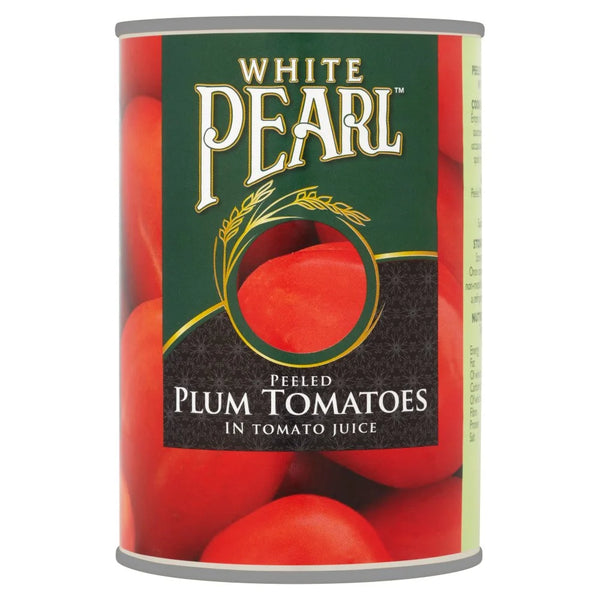 White Pearl Peeled Plum Tomatoes in Tomato Juice 400g, front of pack