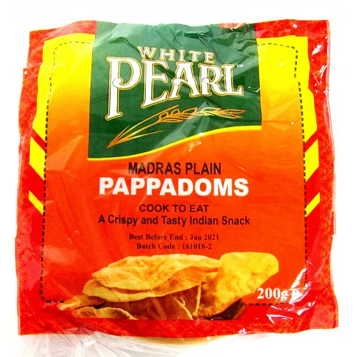 White Pearl Plain Pappadoms 200g, front of pack