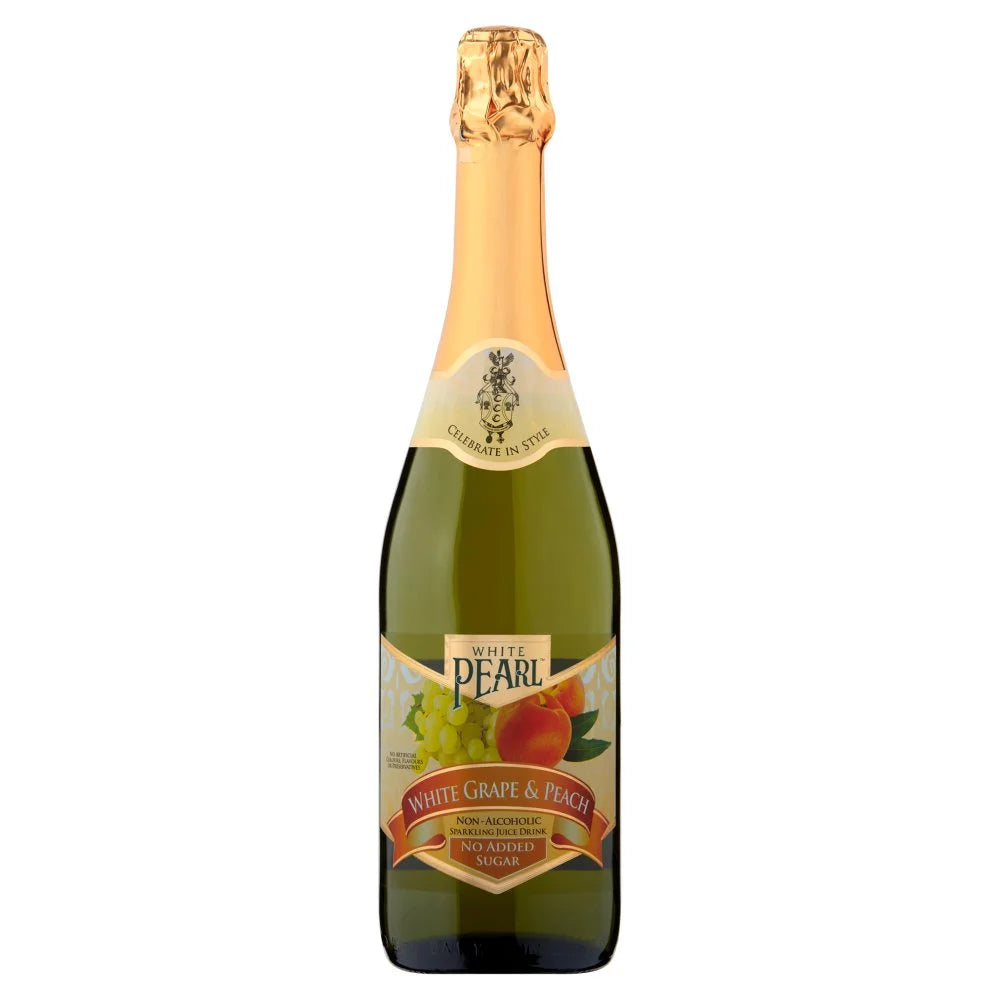 White Pearl White Grape and Peach Non-Alcoholic Sparkling Juice Drink 750ml, front of pack