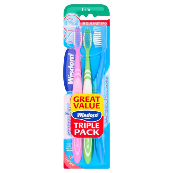 Wisdom Regular Plus Firm toothbrushes 3 pack, front of pack