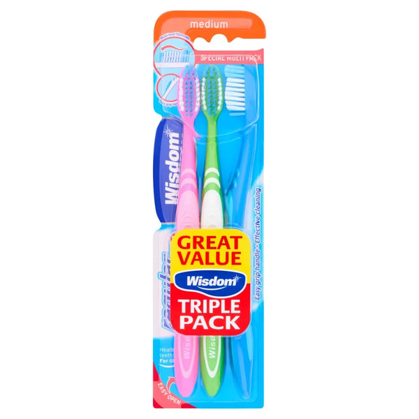 Wisdom Regular Plus Medium toothbrushes 3 pack, front of pack